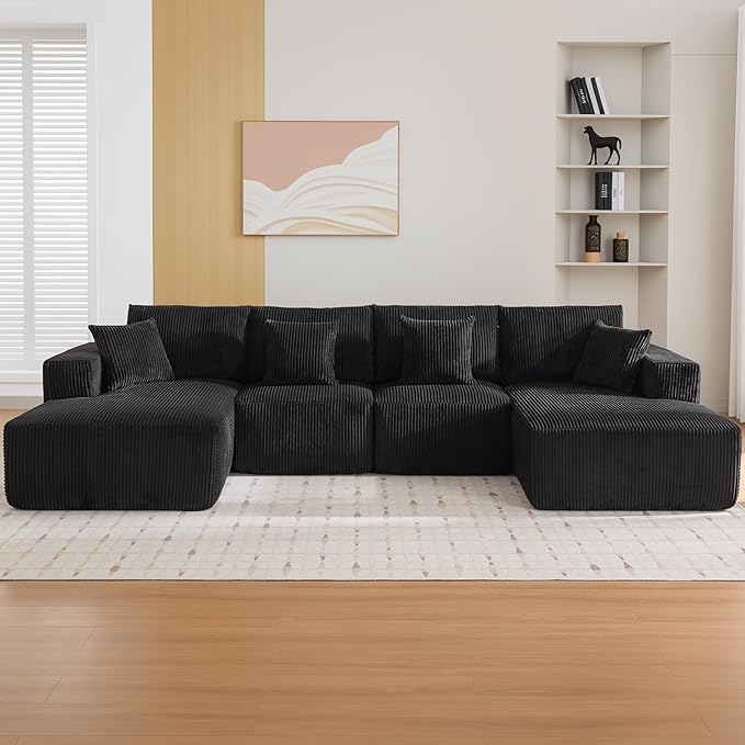 Sectional Cloud Boneless Couch 137" Modern Comfy U-Shaped No Assembly Required Convertible Compression Sleeper Modular Sofa with Corduroy Fabric Deep Seat Single + Chaise for Living Room