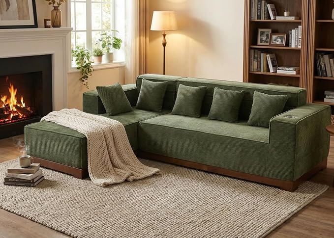 LIKIMIO 110” L-Shaped Sofa with LED Lights, Cloud Boneless Couch with Oversized Chaise, Deep Seat, Built-in Holder & Storage Pocket, Upholstered Couches for Living Room and Apartment, Green