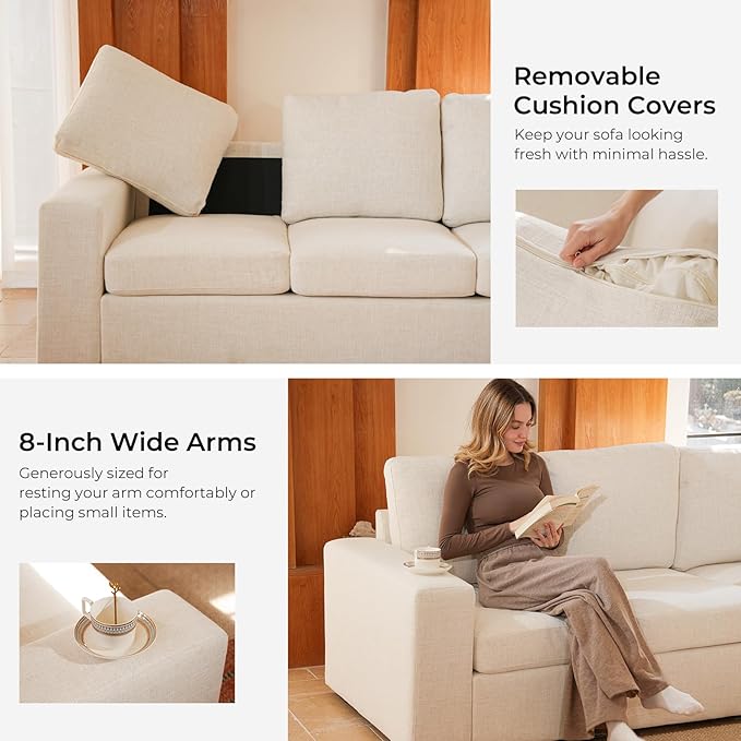 ELUCHANG 113" V-Shaped Modular Sectional Sofa Couch, Modern 5-Seat Comfy Linen Deep Seat Sofa with Corner, Removable Cover, Easy Assembly, Large Sofas & Couches for Living Room, Office, Beige | Spring Cushions, Easy to Clean, Deep Seat