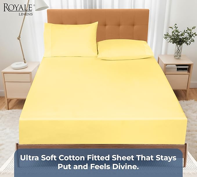Royale Linens 100% Organic Cotton Fitted Sheet - Percale Weave - Super Soft Deep Pocket Bottom Sheets - Elastic Sheet Twin XL Size - Twin XL Fitted Sheets Only - (39"x80"+15", Yellow)