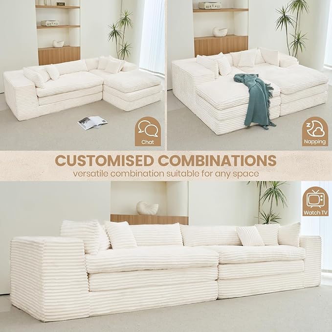 Belffin Plush Corduroy L Shaped Couch with Deep Seat Boneless Modular Sectional Cloud Boneless Couches for Living Room. Left Facing Chaise. Beige Sofa
