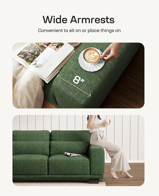 Marsail 89" Couch, 3-Seater Modern Sofa with Deep Seats, Comfy Upholstered Linen Sofas for Living Room, Apartment, Green