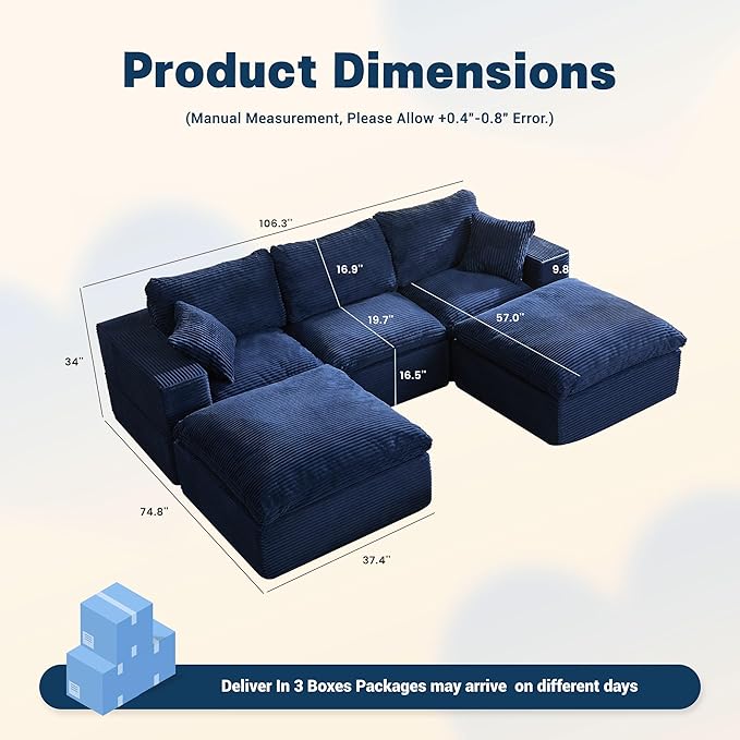 106.3” Sectional Couches for Living Room, Set of Cloud Couch, Modular Sectional Sofa, Convertible Sofas Bed, Deep Seat Sofa, U Shaped Cozy Sofa Furniture Set, Corduroy, Blue