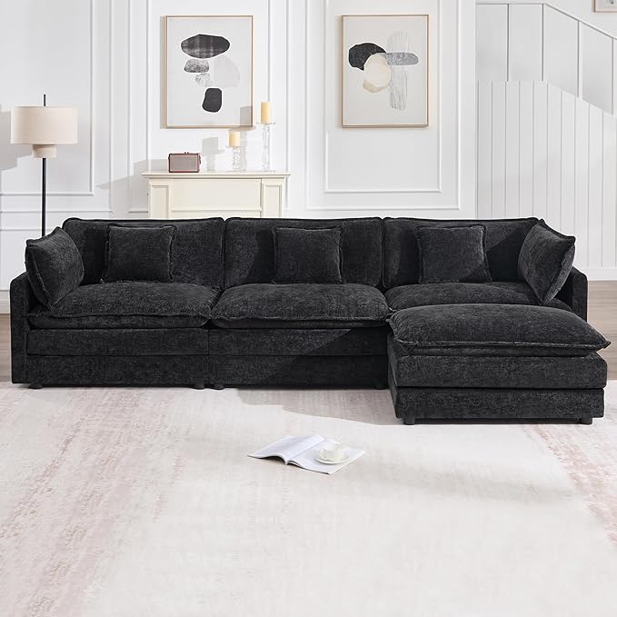 111.5" Modular Sectional Sofa, Large L Shaped Sectionals Cloud Couch, Big Comfy 3-Seat Couch with Ottoman, 4 Seater Chenille Sectional Sofa with Deep Seat and 5 Pillows for Living Room- Black