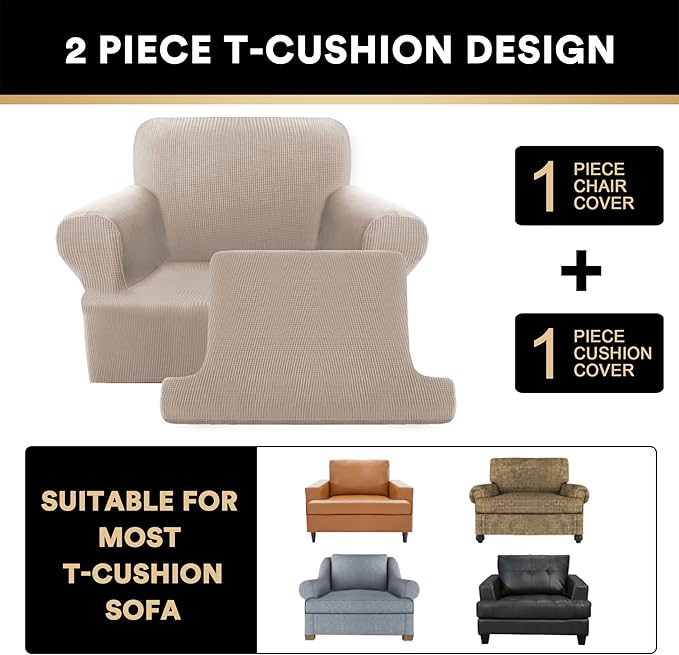 PrinceDeco 2 Pieces Armchair Slipcover Stretch Couch Covers for T Cushion Chair Slipcovers Soft Arm Chiar Cover Furniture Covers with 1 Individual T Shape Seat Covers Width Up to 40", Sand