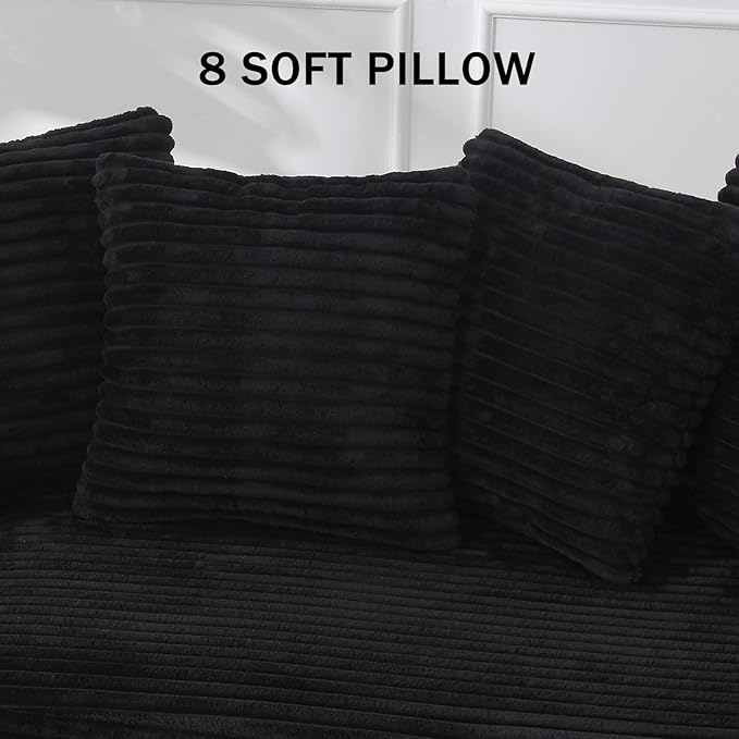 111 Inch Cloud Sectional Couches for Living Room | L-Shaped Sectional Couch with 8 Pillows | Corduroy Couch with Deep Seat | Solid Wood Frame Sofa Black (Right Facing Chaise)