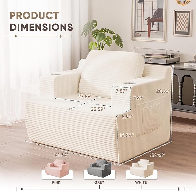 Homall 42” Single Sofa Foam Couch for Small Spaces Upholstered Floor Sofa with Cup Holder & Storage Pocket Boneless Couch for Bedroom Living Room (White, Single)