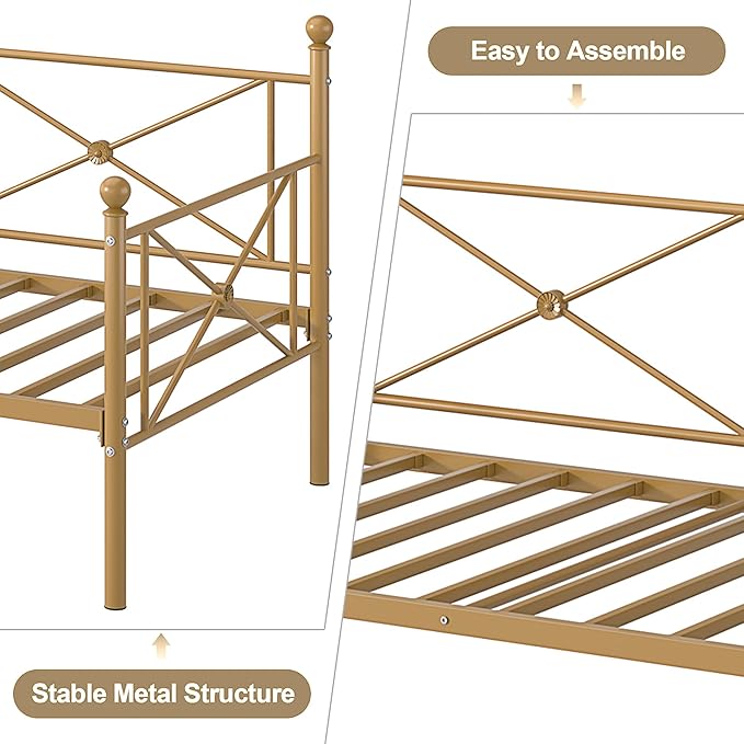 VECELO Twin Daybed Frame, Metal Day Bed with Stylish Headboard, Multifunctional Platform Beds for Bedroom, Guest Room, No Boxing Spring Needed, Golden