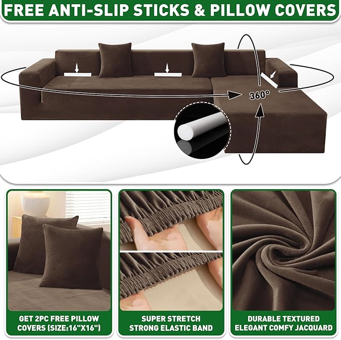 ZNSAYOTX 2026 Soft Velvet Sectional Couch Covers, Luxury Plush Slipcovers with Elastic Bottom for L Shape Sectional Sofa, 2 Pcs Pet Friendly Protector (3 Seat Couch + 2 Seat Chaise, Dark Coffee)