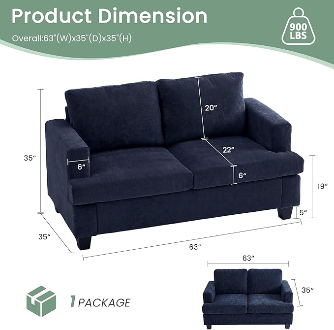 YOUDENOVA Sofa, 3 Piece Set Comfy Sofa, Loveseat & 2 3-Seater Couch with Deep Seats for Living Room, Modern Sleeper Couch, Navy Chenille
