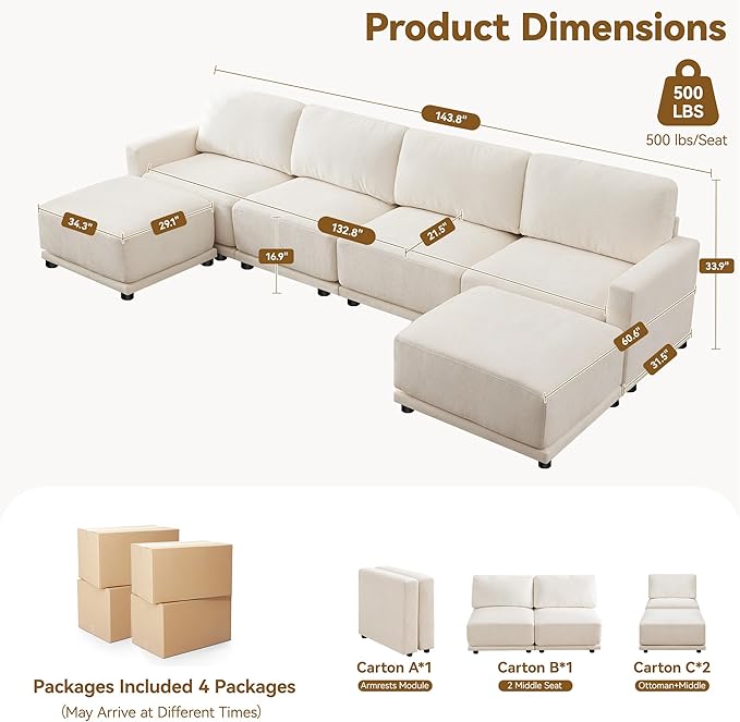 143.8" Modular Sectional Sofa Modern Chenille U Shaped Couch with Thickened Seat Cushions, Easy Assembly, Upholstered 6 Seater Couch with 2 Movable Ottomans for Living Room, White