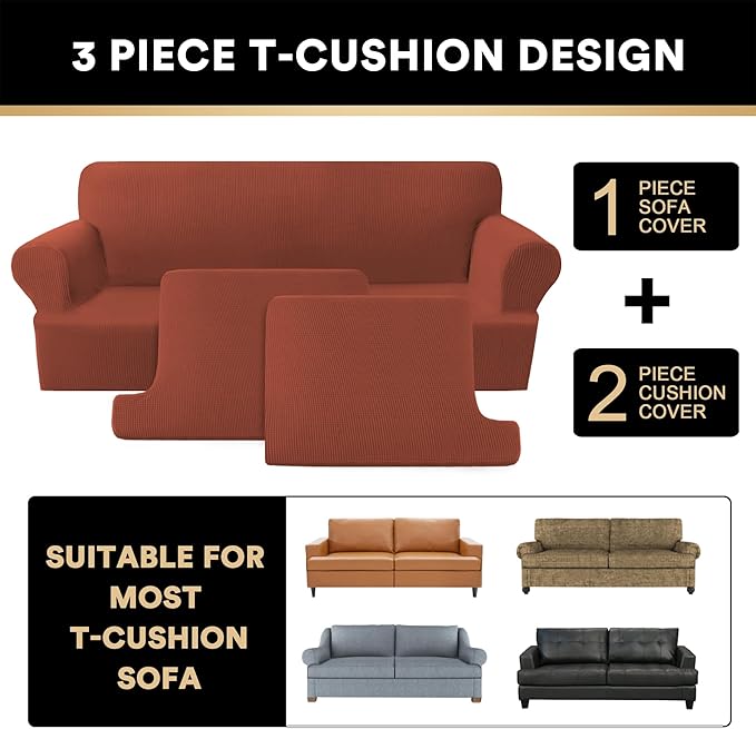 PrinceDeco T Cushion Loveseat Slipcover - 3 Pieces Sofa Cover for 2 Cushion Couch with 2 Individual T Shape Seat Covers Width Up to 76 Inch - Stretch, Machine Washable, Rust