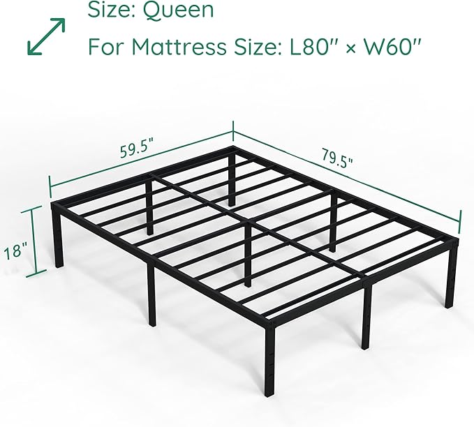 DiaOutro 18 Inch Queen Bed Frame Heavy Duty Metal Platform No Box Spring Needed, Maximum Storage, Easy Assembly, Noise Free, Black