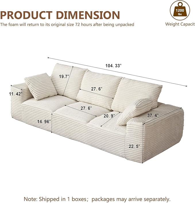 104.3“ Modular Sectional Cloud Couch, Boneless Couches for Living Room, 3 Seater Modern Lounge Couch, No Assembly Required, Cream