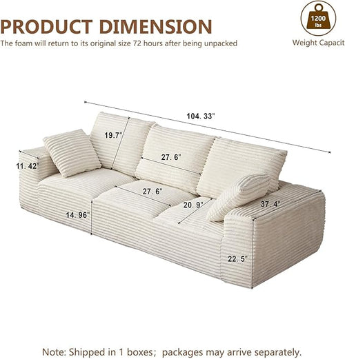 104.3“ Modular Sectional Cloud Couch, Boneless Couches for Living Room, 3 Seater Modern Lounge Couch, No Assembly Required, Cream
