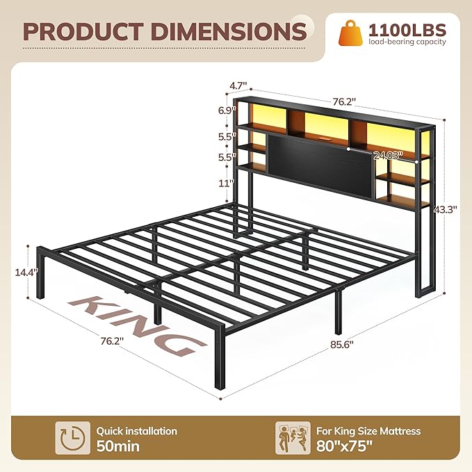 Homkdom King Size Bed Frame with Storage Headboard, LED Lights & Charging Station Heavy Duty Metal Platform Bed for Bedrooms, 1100 LBS Capacity, No Box Spring Needed, Easy Assembly，Black