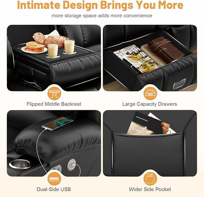 Loveseat Recliner Sofa Set, Flip Middle Backrest Design PU Leather 3 Seater Reclining Sofa and Single Oversized Recliner Chair, Manual Couches for Living Room (Black, PU 3+1)