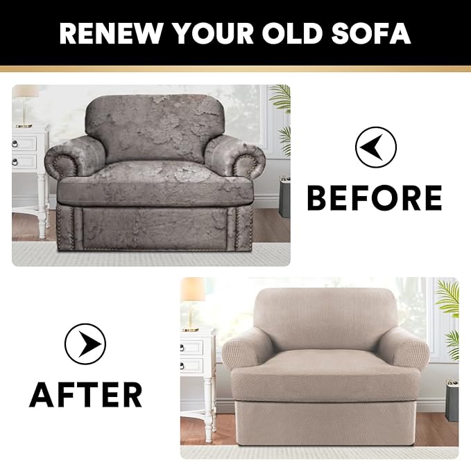 PrinceDeco 2 Pieces Armchair Slipcover Stretch Couch Covers for T Cushion Chair Slipcovers Soft Arm Chiar Cover Furniture Covers with 1 Individual T Shape Seat Covers Width Up to 40", Sand