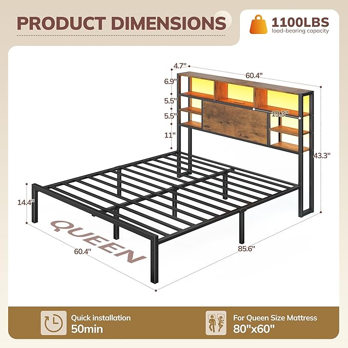 Homkdom Queen Bed Frame with Storage Headboard, LED Lights & Charging Station Heavy Duty Metal Platform Bed for Bedrooms, 1100 LBS Capacity, No Box Spring Needed, Easy Assembly,Vintage Brown