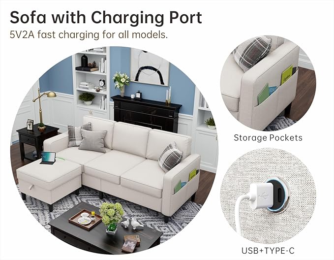 Sectional Couches for Living Room - Convertible 3 Seater L Shaped Couch with Storage Ottoman USB Charging Port - Beige Modern Linen Fabric Sofas Furniture Set for Apartment Loft Studio Small Space | USB Charging Port