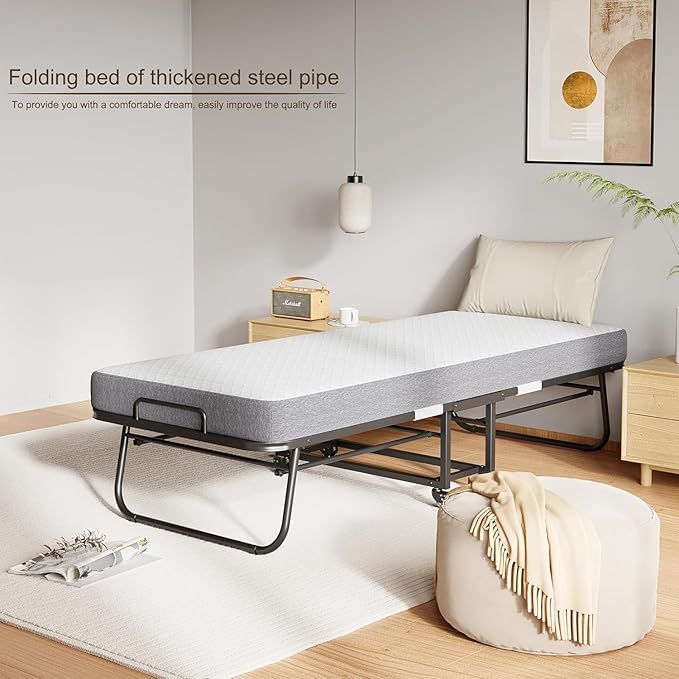 Espsilto 75''x46'' Large Folding Bed with Mattress for Adult - Sturdy Rollaway Bed for Guest with Automatic Leg Opening，Reinforced Steel Pipe | Hard tubular metal