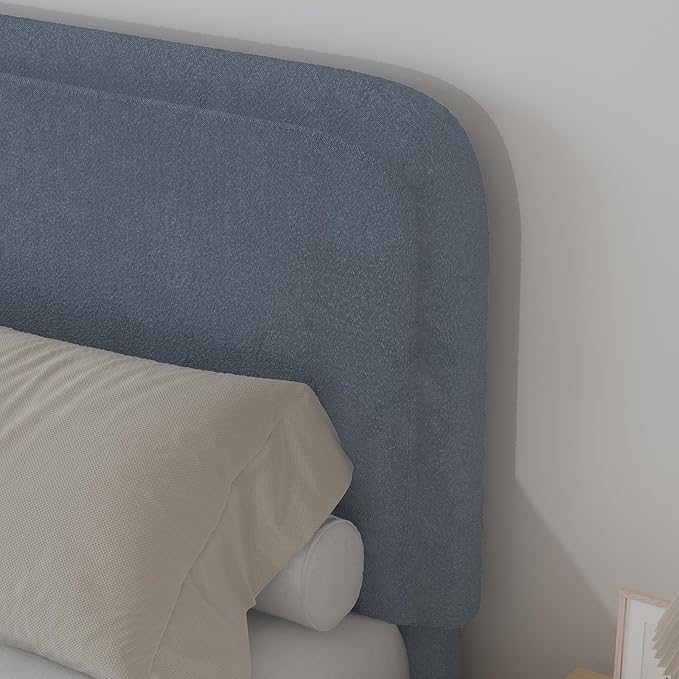 BarnFurin Boucle Upholstered Bed Frame King Size/Cloud Bed Frame/Soft Rounded Corners Headboard/Low Profile/No Box Spring Needed/Non-Slip and Noise-Free/Blue