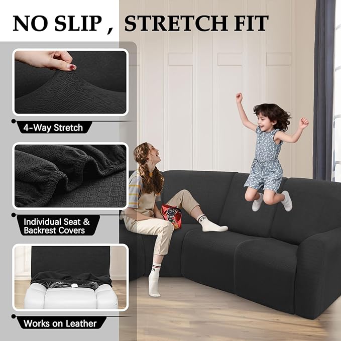 Reclining Sectional Couch Covers L Shape Waterproof Washable Recliner Sofa Cover for L Shaped Sectional Super Stretch Corner Recliner Slipcovers (5 Seater Cover, Dark Black)