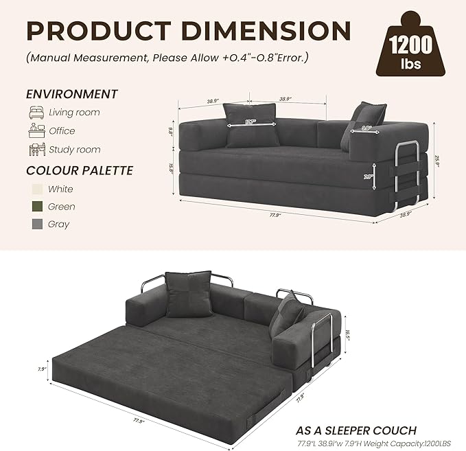 78 Inch Convertible Sofa Bed, 5-in-1 Futon Sofa Bed Pull Out Couch, Boneless Couch Bed for Living Room, Corduroy Boneless Couches for Bedroom, Apartment, No Assembly Sleeper Sofa Bed, Gray | 4 Fixed-Shape Frame, Removable Corduroy, High-density foam, W...