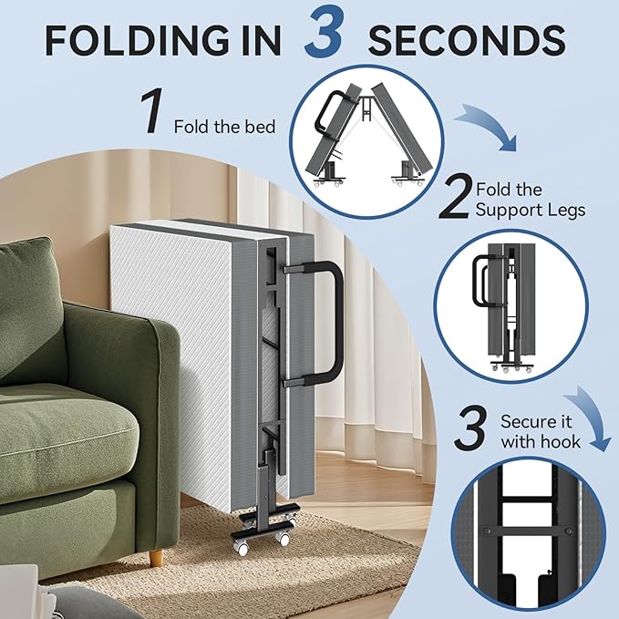 Adjustable Folding Bed with Mattress, 8 Smooth-Rolling Wheels & 2 Armrests, Portable, Foldable Guest Bed for Adults, 75" x 38"