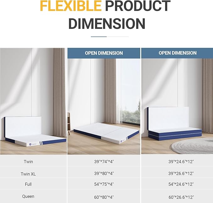 Avenco Foldable Mattress Full, Folding Mattress 4 Inch Memory Foam, Trifold Mattress Portable with Removable Cover & Detachable for Guest Room/Caravan/Camping/Travel, Full Size 75"x54"x4"