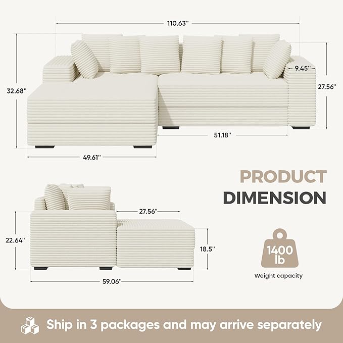 111'' Modular Sectional Cloud Couches with Chaise, L Shaped Extra Large Sleeper Couch Fluffy Corduroy with 8pcs Pillows for Living Room(Beige Left Facing Chaise)