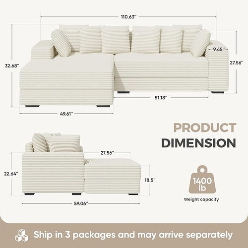111'' Modular Sectional Cloud Couches with Chaise, L Shaped Extra Large Sleeper Couch Fluffy Corduroy with 8pcs Pillows for Living Room(Beige Left Facing Chaise)