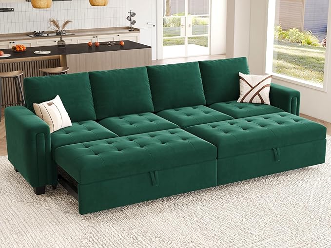 Belffin Modular Sectional Sleeper Sofa with Pull Out Bed Convertible Velvet Sleeper Sofa with Storage Sectional Couches for Living Room Green