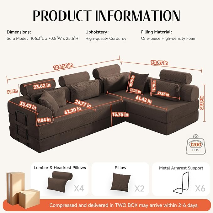 106" L-Shaped Modular Boneless Couch, 2-Piece System (2×70.87"), Convertible Sectional to 141.7" Straight Sofa, Corduroy Couch in a Box, Headrest & Back Pillows for Living Room，Brown