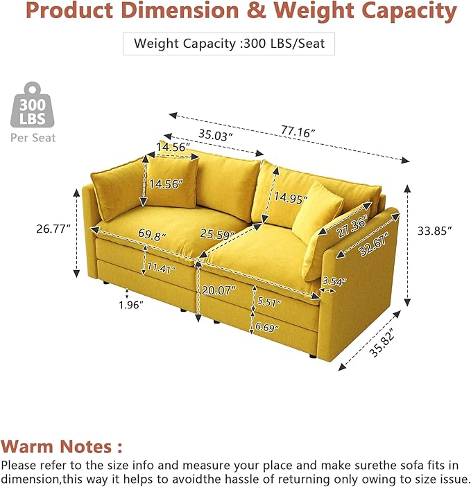 Setawix Chenille Loveseat Sofa Couch with Deep Seat,Large 2 Seater Cloud Couches for Living Room,77.16" Roomy Cloud Sofas,Modular Sectional 2 Seat Sofa with Pillows for Bedroom. (Yellow, 2 Seater)