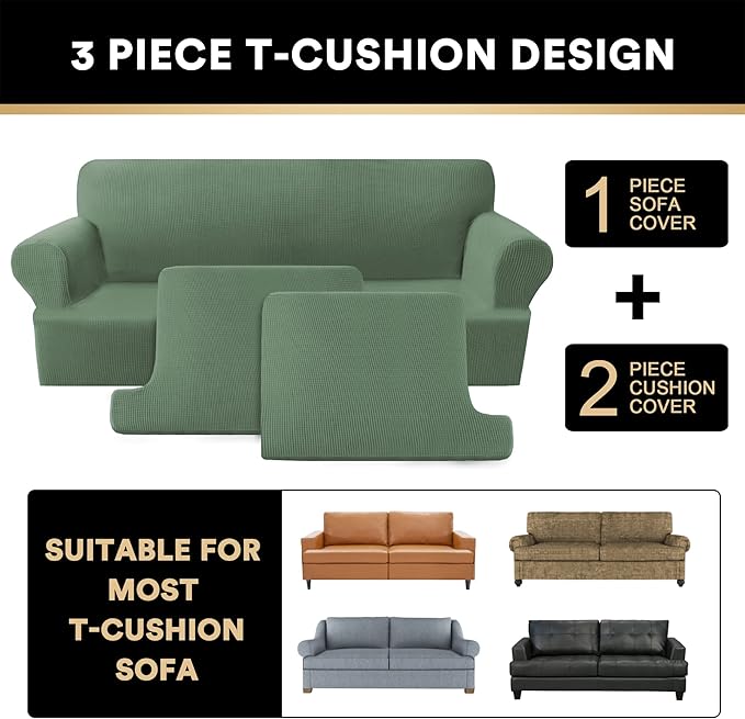 PrinceDeco T Cushion Loveseat Slipcover 3 Pieces Sofa Covers for T Cushion Sofa Stretch Slip Covers for 2 Cushion Couch with 2 Individual T Shape Seat Covers Width Up to 76", Loden Frost