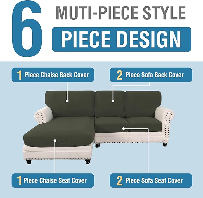 H.VERSAILTEX Sectional Couch Covers 3 Pieces Sofa Seat Cushion Covers L Shape Separate Cushion Couch Chaise Cover for Both Left/Right Sectional Couch (Seat Only: 1 Chaise + 2 Sofa, Olive)