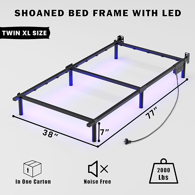 SHOANED Twin XL Size Bed Frame, 7 Inch Metal Steel Bedframe with LED & Charging Station for Box Spring and Mattress, Heavy Duty Basics Bed Base, Noise Free, Easy Assembly, Black