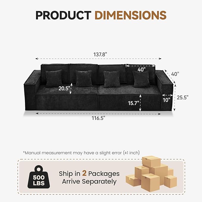 108'' Comfy Chenille Boneless Couch, Oversized Modular Sectional 4 Seater Sofa, Modern Deep Seat Corner Cloud Compressed Couch, No Assembly Sleeper Sofa with Chaise for Living Room, Black