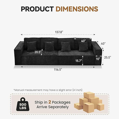 108'' Comfy Chenille Boneless Couch, Oversized Modular Sectional 4 Seater Sofa, Modern Deep Seat Corner Cloud Compressed Couch, No Assembly Sleeper Sofa with Chaise for Living Room, Black
