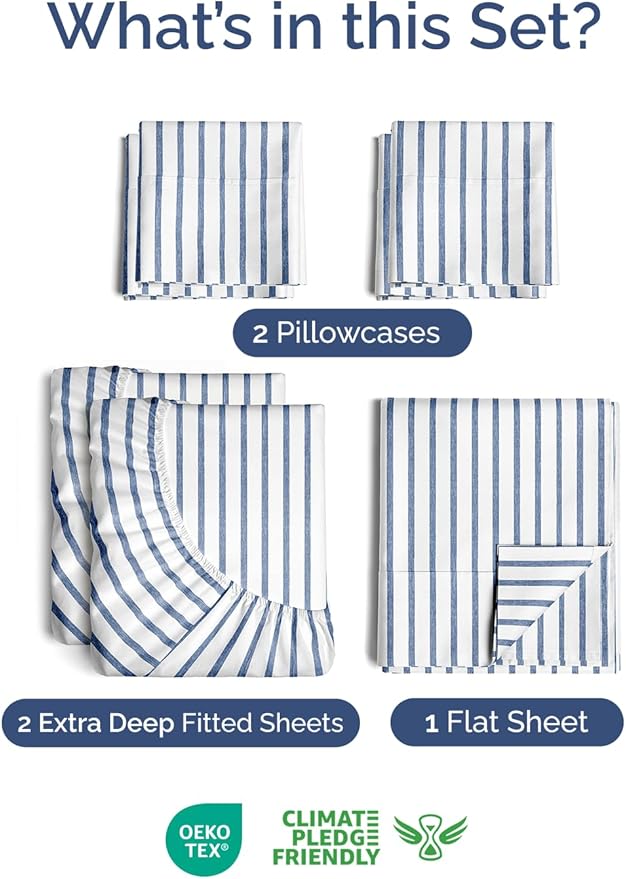 Extra Deep Split King Sheet Set - 7 Piece Breathable and Cooling Sheets - Hotel Luxury Bedding for Women, Men, Kids & Teens - Secure Fit - Soft and Wrinkle Free with Extra Deep Pockets - Blue Stripes