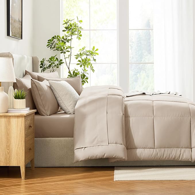 CozyLux Queen Comforter Set Wheat, 7 Pieces Bed in a Bag, Wheat Comforters Queen Size, All Season Bedding Sets with Stitch Quilted Comforter, Flat Sheet, Fitted Sheet, Pillowcases