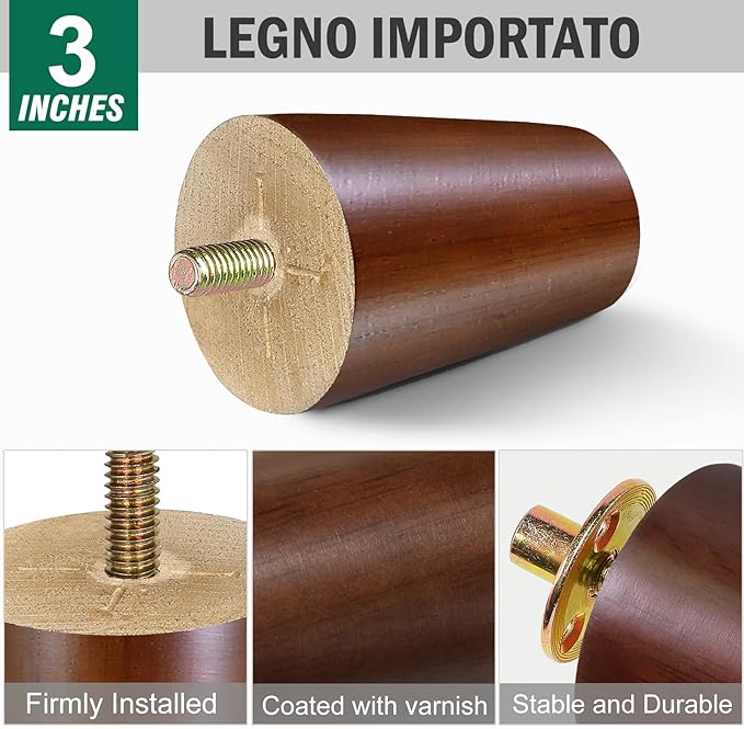 FoDau770 Brown Rubber Wood Furniture Legs 3 Inches, Straight Tapered Wood Feet Mid Century Sofa Legs Set of 4, 5/16" UNC Furniture Feet for Cabinet Couch Dresser Chair Ottoman Table