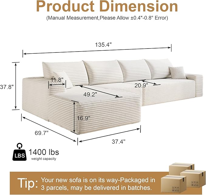 136" Sectional Couches for Living Room Cloud Couch Sofa with L-Shape Upholstered Boneless Couchs Modern Modular Sectional Couch with Chaise (White, 136" Left Facing Chaise+3Seaters)