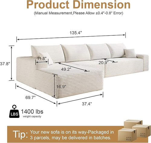 136" Sectional Couches for Living Room Cloud Couch Sofa with L-Shape Upholstered Boneless Couchs Modern Modular Sectional Couch with Chaise (White, 136" Left Facing Chaise+3Seaters)