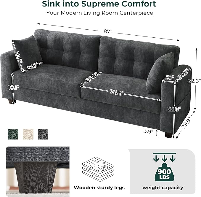 87" Loveseat Sofa for Living Room, Modern Chenille Cloud Couch with USB/Type-C Charging Ports, Side Pockets, Removable Cover, Wide Armrests, Small Couch for Small Space, Easy Assembly, Grey