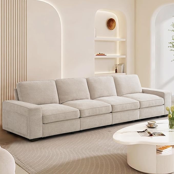 TEKAMON 128" Modular Sofa Couch with Large Seats Storage, Chenille Sofa,Modern Comfy 4-Seater Couch for Living Room, Office, Deep Seat, Wide Armrest, Side Pockets, USB Port, Removable Covers, Beige