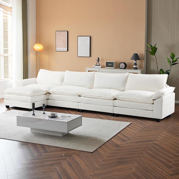 VINGLI 157" Cloud White/Cream Convertible Sectional Sofa, Comfy L-Shape Extra Deep Seat Sofa Couch for Living Room,Modern Chenille 4-Seat Convertible Sofa with Movable Ottoman for Small Space