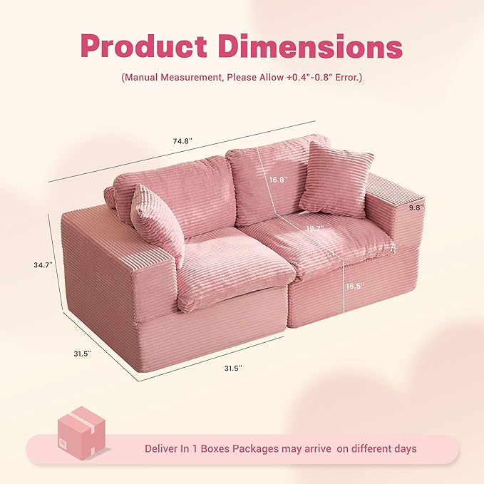 74.8” Set of Cloud Couch, Modular Loveseat Sofa, Convertible Sofas Bed, Deep Seat Sofa, Cozy Sofa for Living Room, Office and Bedroom, Corduroy, Pink
