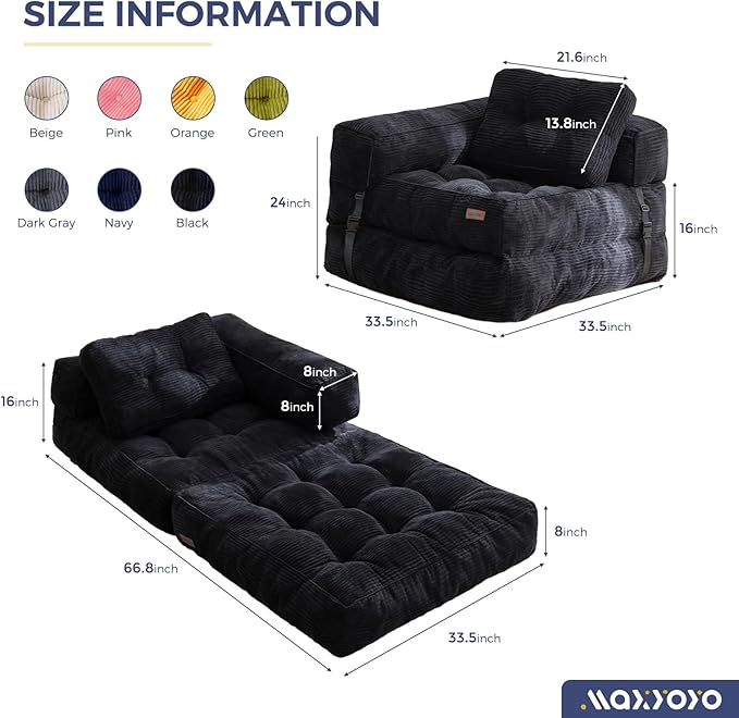 MAXYOYO Folding Sofa Bed, L-Shaped Convertible Sofa with Armrest Foldable Sleeper with Pillow, Portable Fold Out Chair Bed Comfy Floor Lounge for Living Room Bedroom, Black
